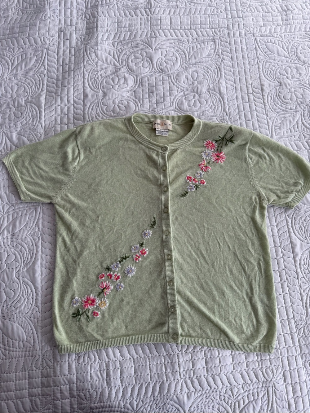 Vintage Light Sage Floral-Embroidered Short Sleeve Cardigan Md Grandmacore Fairy